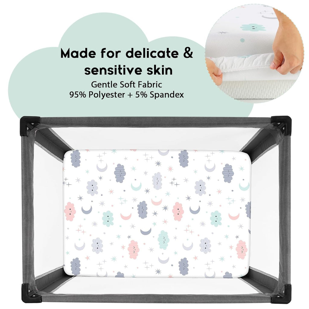 Yoofoss Fitted Pack and Play Sheets - Soft, Stretchy Mini Crib Sheets 2-Pack | Breathable Cloud Design