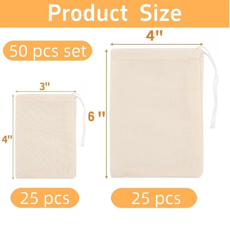 50PCS 2Size Natural Reusable Cotton Muslin Drawstring Bags – Unbleached Tea Filter Bags for Loose Leaf Tea,Herbs,Spices,Soup,Cold Brew Coffee,DIY Sachets,Eco-Friendly & Washable (3x4"+4x6")
