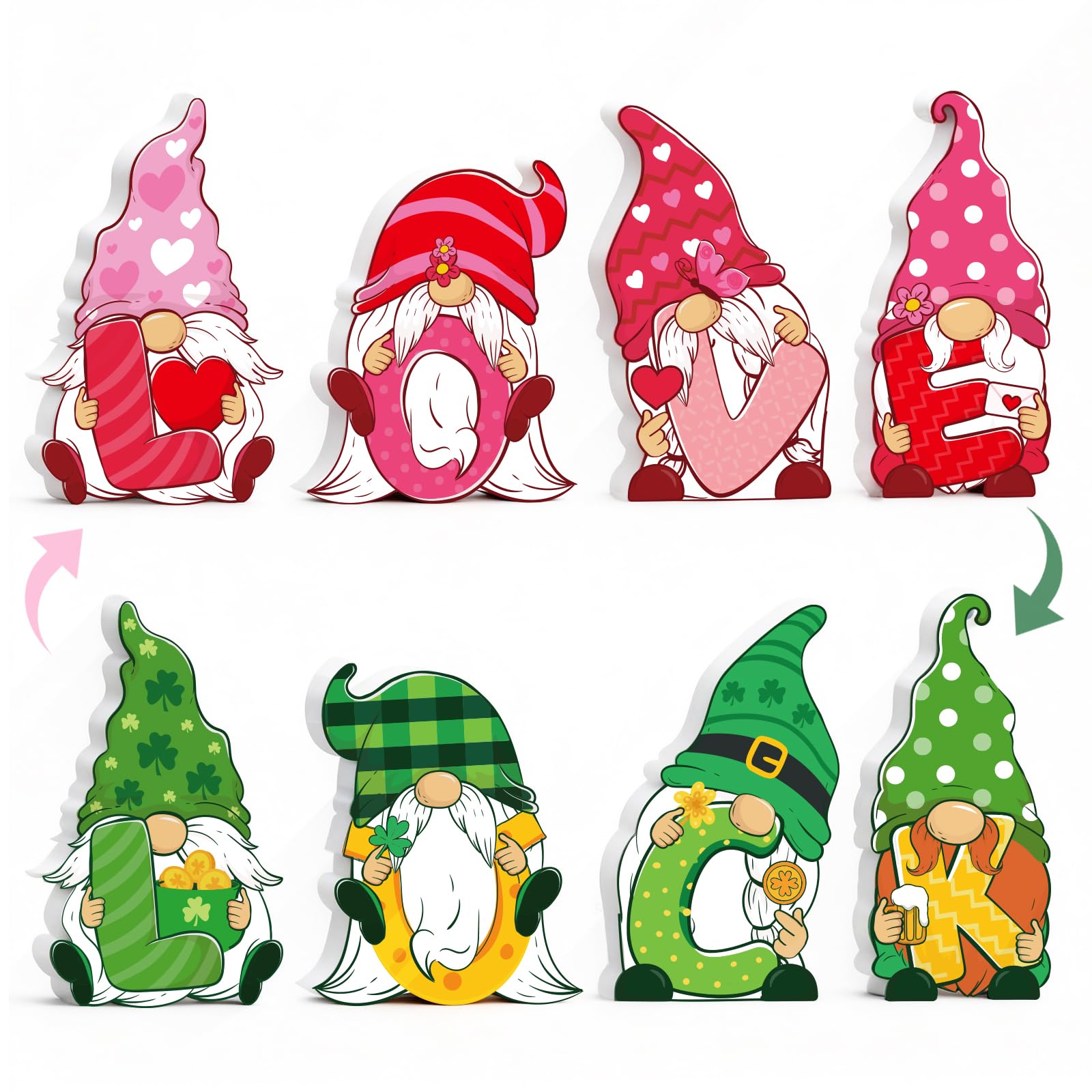 Valentines & St Patricks Day Decorations, 4 Pcs Double-sided Love & Luck Gnome Wooden Sign for Table Tiered Tray Mantel Decorations, Valentine and Shamrock Gnomes Centerpieces for Home Office Gifts