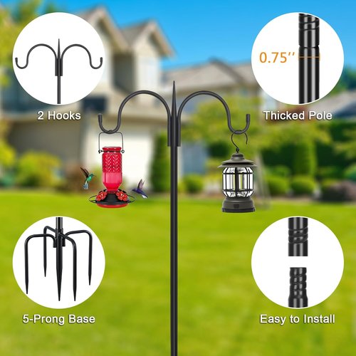 Feed Garden Adjustable Double Shepherds Hook - 76 Inch Heavy Duty Bird Feeder Pole | 5 Prong Base for Hanging Plants & Lanterns (2 Pack)