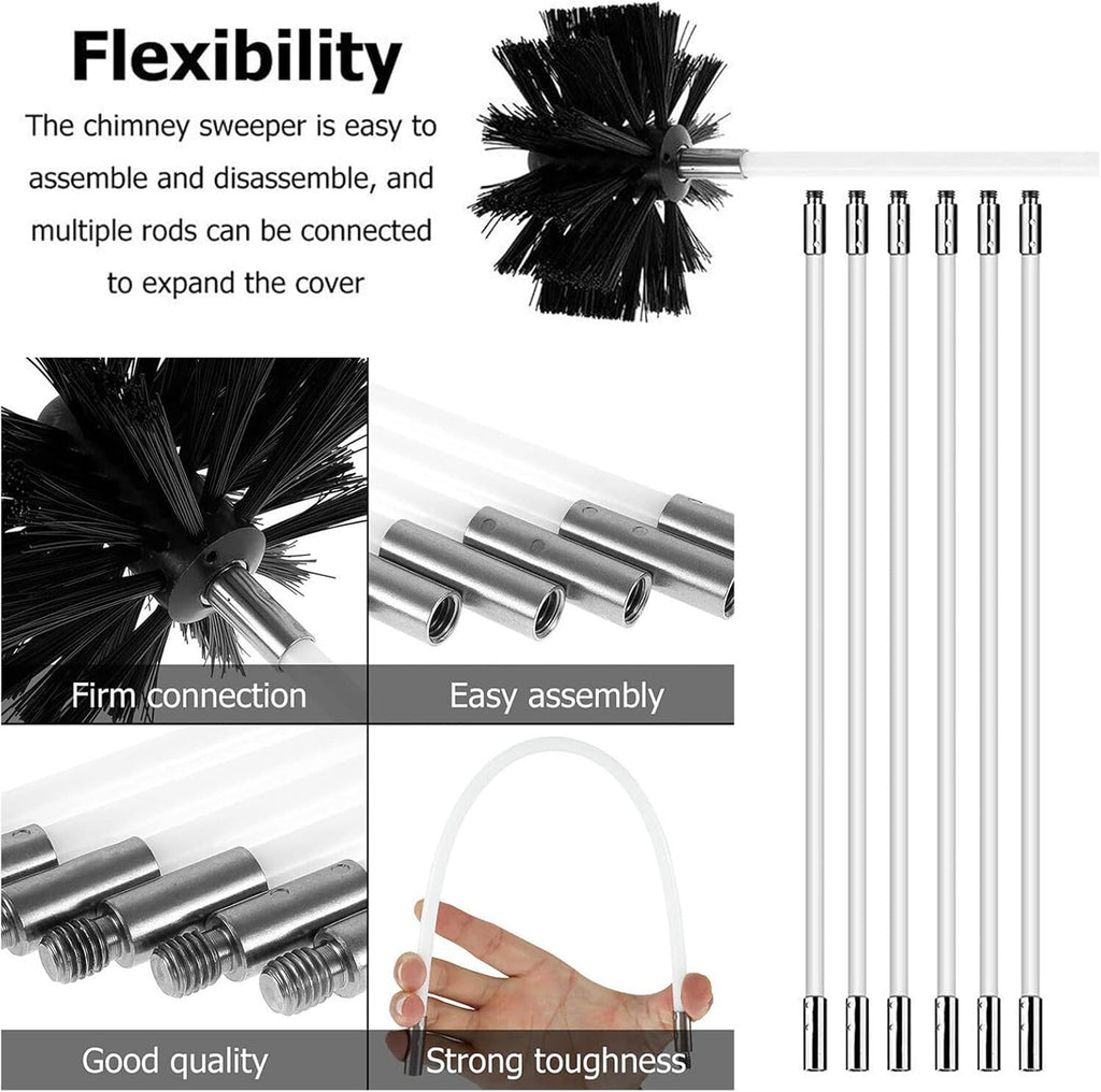 ZDHQLHJ Chimney Brush Cleaning Kit - 15-Piece Set with 12 Flexible Nylon Rods for Efficient Hearth & Ventilation Cleaning