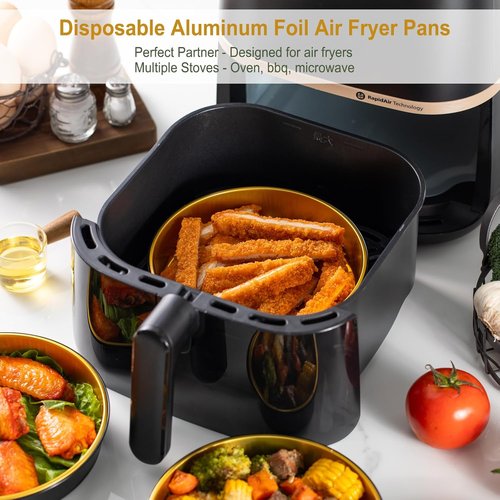 Air Fryer Foil Liners - 20 Pack of 7-Inch Round Disposable Aluminum Pans | High-Heat Safe, Food-Grade Black & Gold