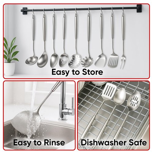 Newness 9 Pcs Cooking Utensils Set, 304 Stainless Steel Kitchen Utensils Set, Metal Kitchen Accessories, Include Soup Ladle, Slotted Skimmer Spoon, Spaghetti Spoon and Spatula, Dishwasher Safe