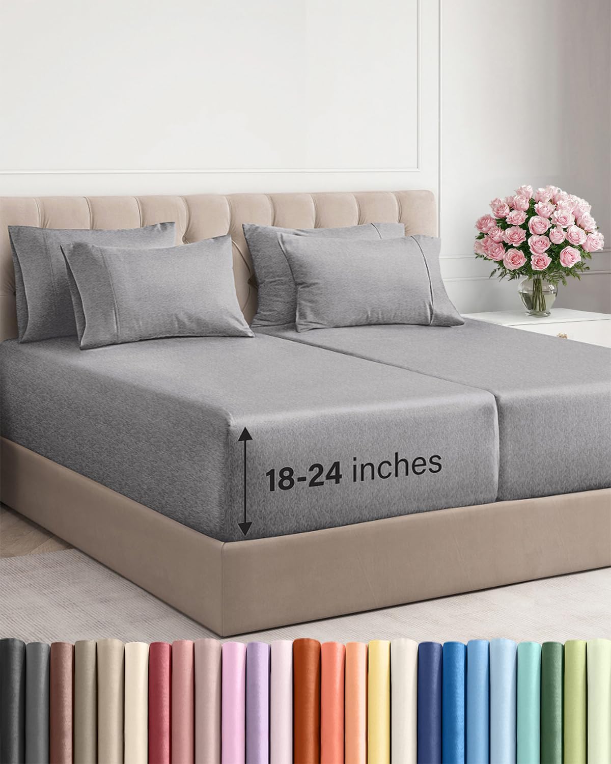 Skiennix Extra Deep Split King Sheet Set - 7 Piece Breathable Cooling Bedding - Soft Wrinkle-Free Heathered Grey