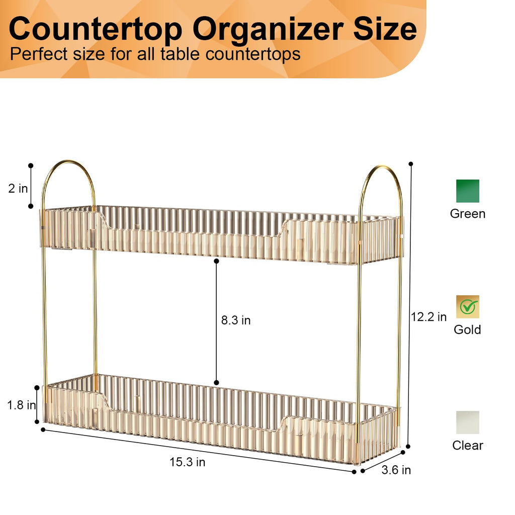 GTI Narrow Bathroom Organizers and Storage, 2 Tier Rectangle Makeup Counter Organizer, Perfume Cosmetics Skincare Vanity Organizers, Dresser Countertop Organizer for Women (Gold)