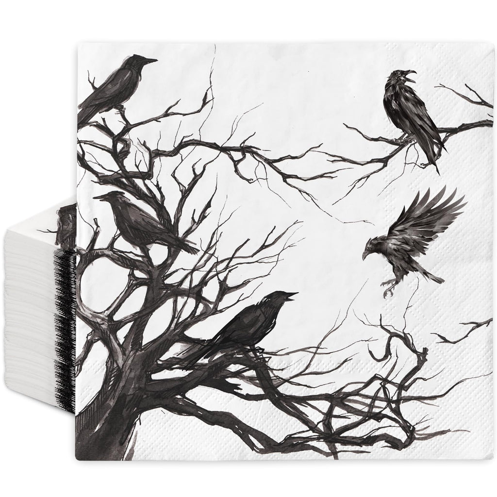 Generic 50Pcs Halloween Paper Napkins Disposable Silhouette Tree Crows Luncheon Napkins Black Dinner Hand Napkins for Party Supplies Table Decor, 6.5 x 6.5 inch