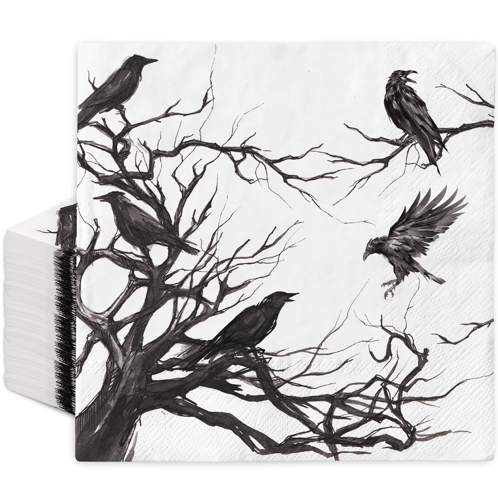 Generic 50Pcs Halloween Paper Napkins Disposable Silhouette Tree Crows Luncheon Napkins Black Dinner Hand Napkins for Party Supplies Table Decor, 6.5 x 6.5 inch