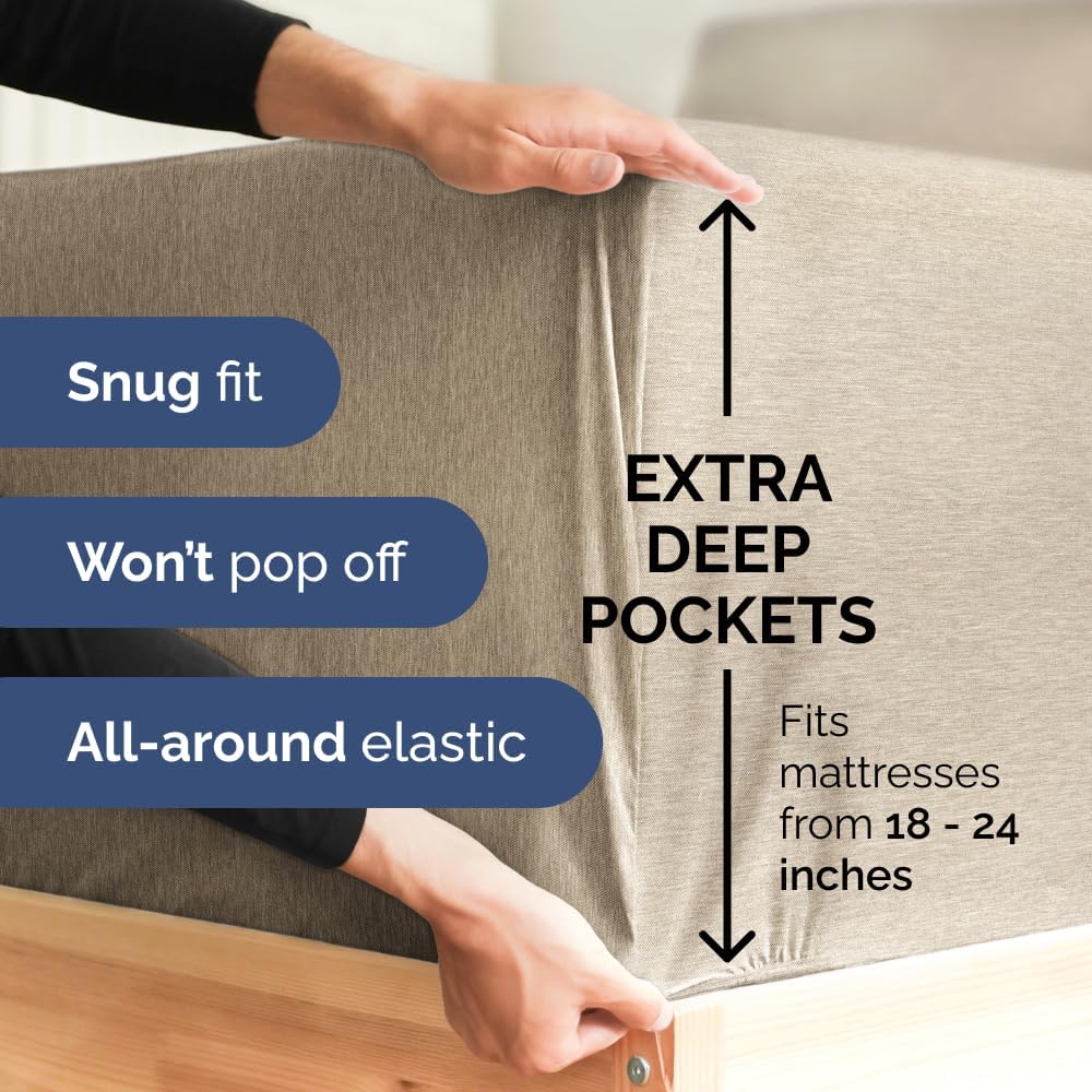 Skiennix Extra Deep Full Sheet Set | 6-Piece Breathable Cooling Sheets - Luxury Hotel Quality - Heathered Beige