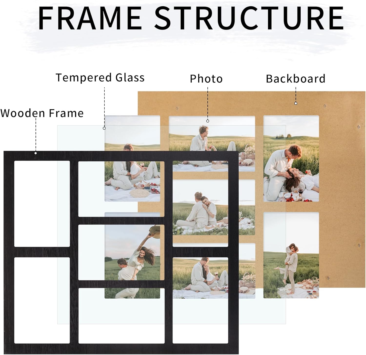 YESKAY 4x6 Picture Frame Collage - Rustic Black Multi-Photo Display with Tempered Glass, 7 Openings