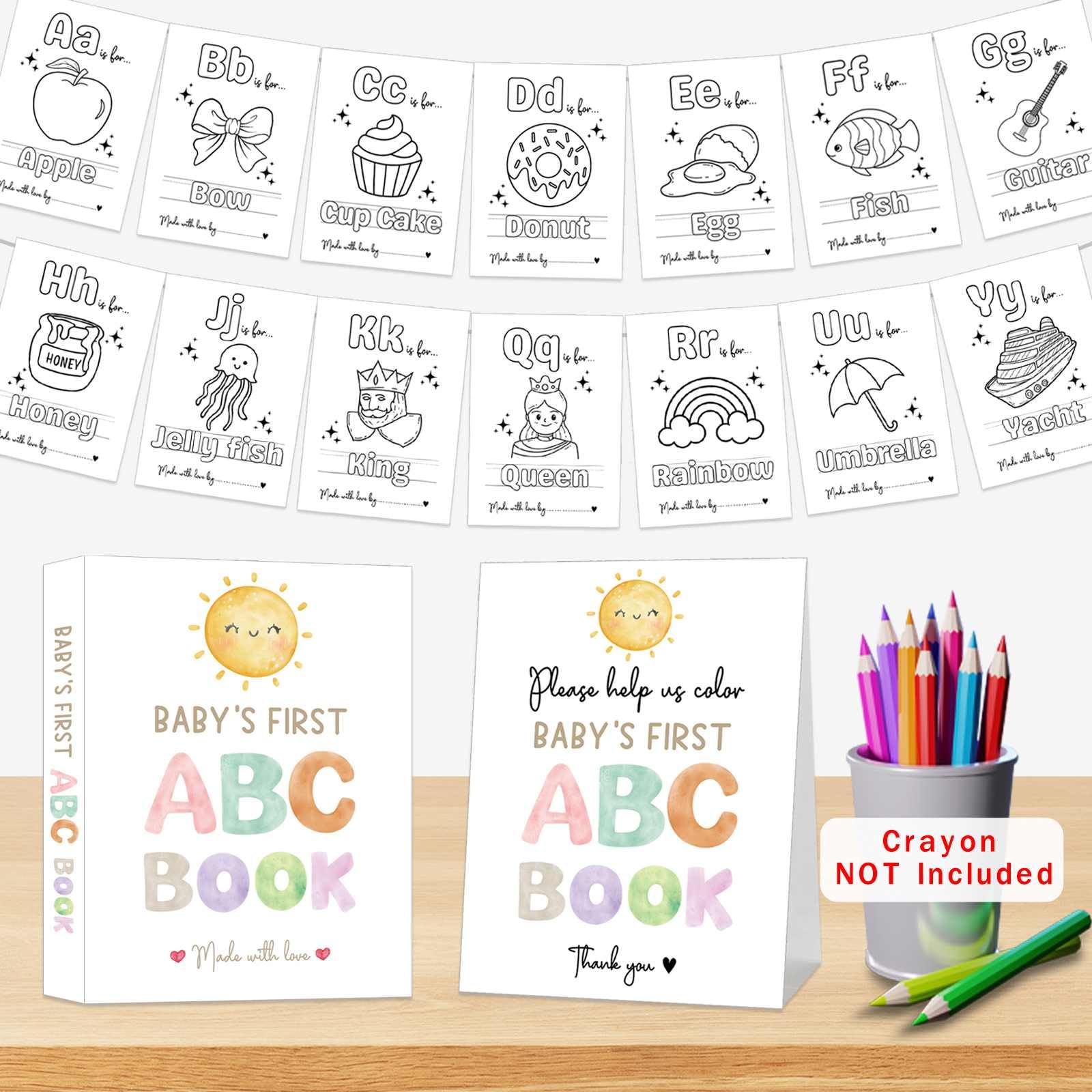 Baby's First ABC Book Baby Shower Activity, Boho Sun Baby Shower Guest Book Alternative with Alphabet Coloring Pages, Educational Keepsake & Activities, Sunshine Baby Shower Games Craft Kit