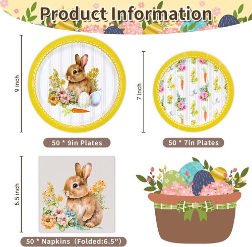 Happy Easter Party Supplies - 150 Count Disposable Tableware Set | 9" Dinner Plates, 7" Dessert Plates & Napkins
