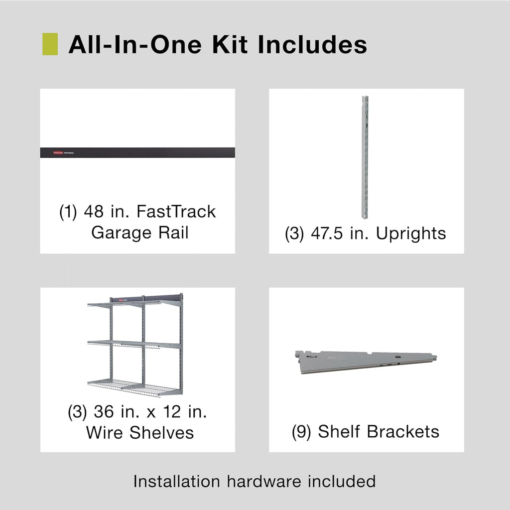 Rubbermaid Fasttrack Rail Storage - 3-Shelf Kit for Home & Garage Organization | 36"x12", 350 lbs Capacity