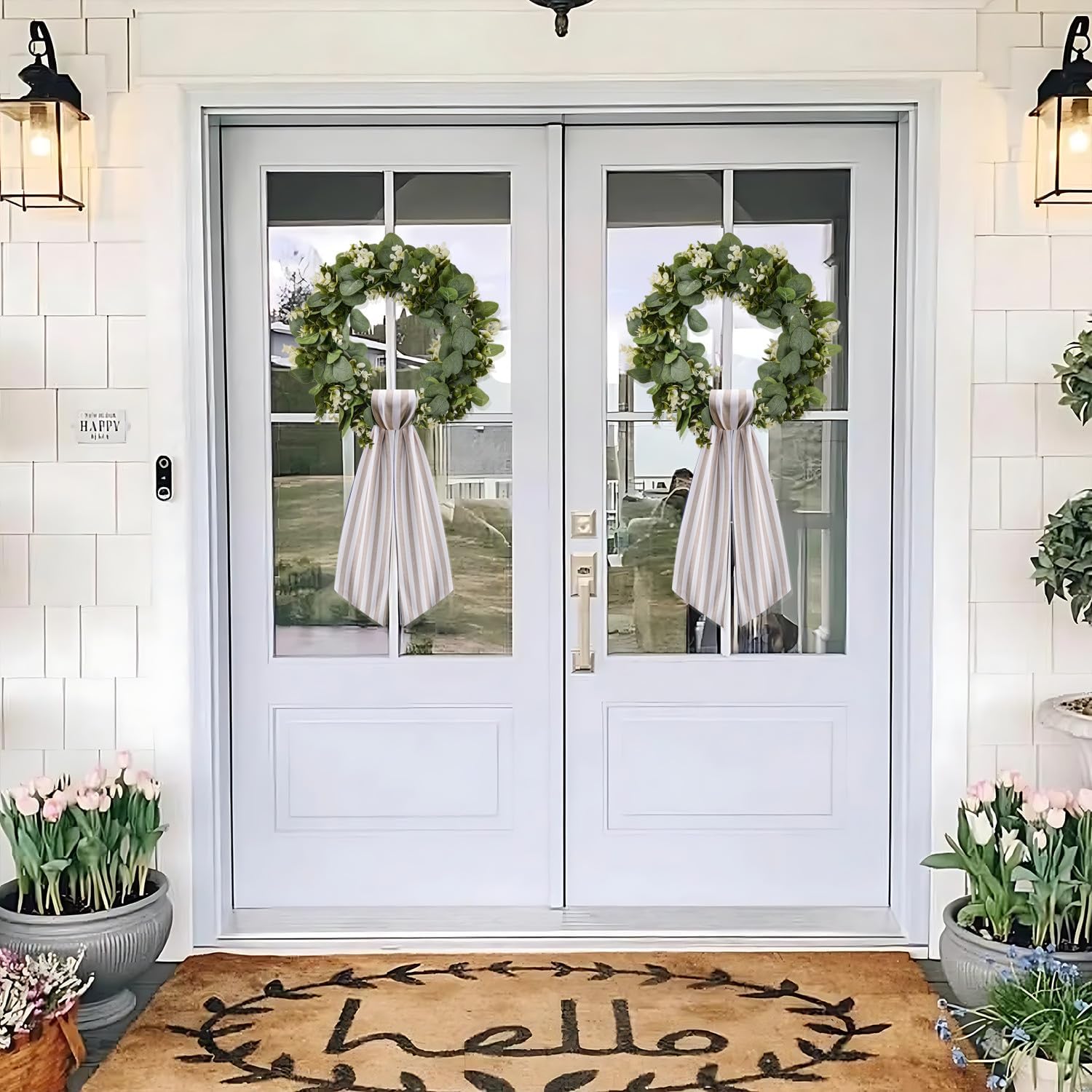 Skiennix Wreath Sash - Stylish Boxwood Garland Decor for Front Door | 2-Pack in Beige and White Stripe