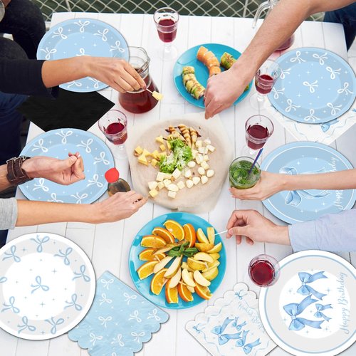 Blue Bow Party Supplies Serve 25,Coquette Birthday Decorations Blue Bow Plates and Napkins for Girls Women,Bridal Engagement Party Decor
