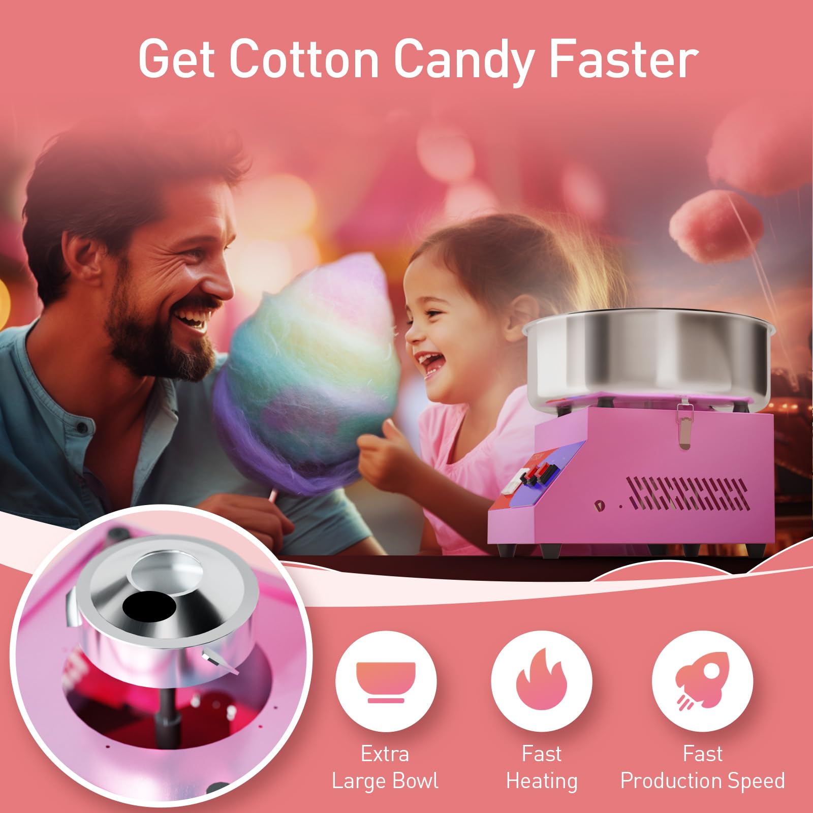 HTTSICHI Cotton Candy Machine - Cotton Candy Machine Commercial w/ 15 inch Stainless Steel Bowl, Sugar Scoop, Cotton Candy Maker for Home, Party, 1000W Hard Candy Cotton Candy Maker for Birthday