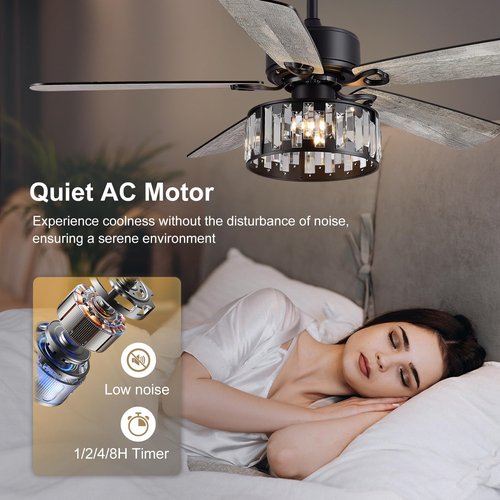 Breezary 52 Inch Farmhouse Ceiling Fan with Light and Remote, Quiet Reversible AC Motor, 5 Blades, Industrial Modern Downrod Mount Black Ceiling Fan with Crystal Light Fixture for Bedroom