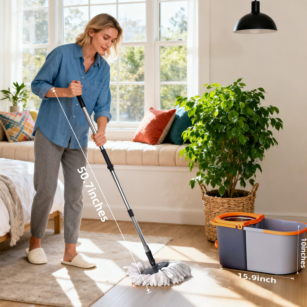 MENSHINE Spin Mop and Bucket Set,Detachable Double Buckets Separate Dirty Water with Stainless Steel Wringer for Floor Cleaning,Cleaning Buckets with 4 Mop Head Replacements for Household Use