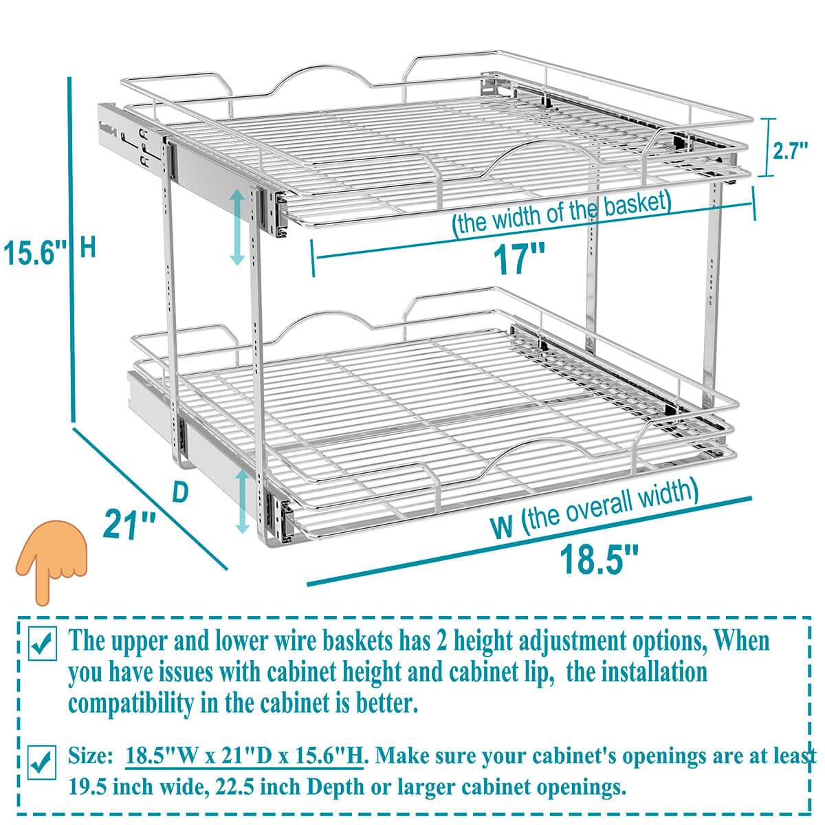 OCG 2 Tier Pull Out Cabinet Organizer (18.5" W x 21" D), Pull Out Drawers for Kitchen Cabinets, Pull Out Shelves for Base Cabinet Organization in Kitchen Bathroom Pantry, Chrome Finish