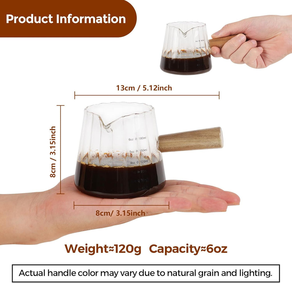 YARRAMATE Glass Measuring Cup - 6 oz/180ML with Wooden Handle | Ribbed Milk Frothing Pitcher