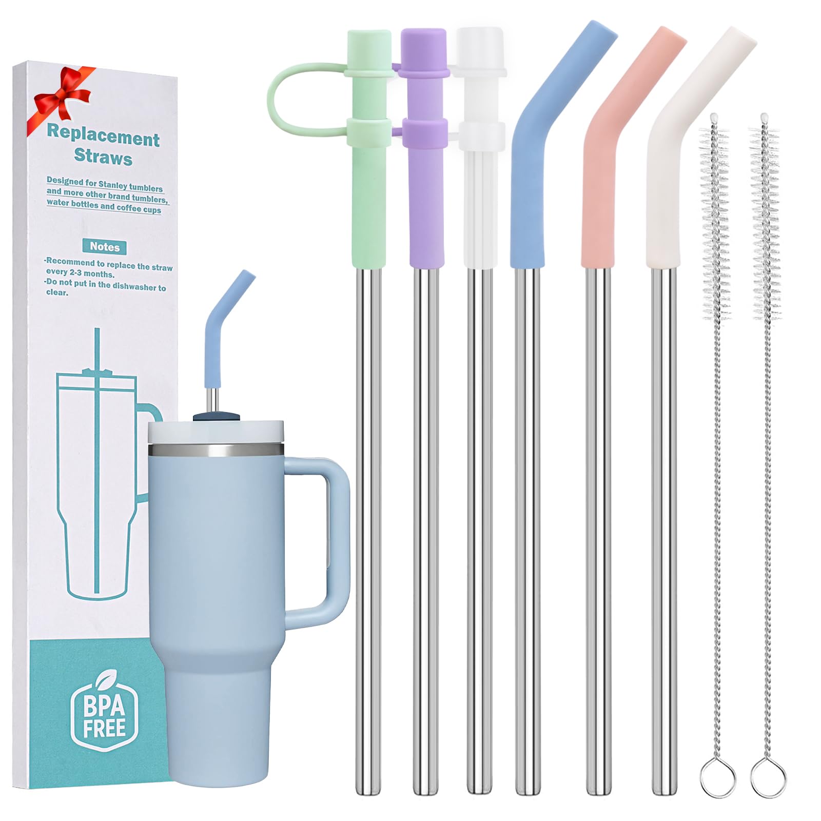 LUCKINEE 6pc Stainless Steel Straws Reusable for Stanley Tumbler 40 oz, 12 Inch Metal Straight Replacement Straw with Silicone Tips, Straw Covers and Cleaning Brushes