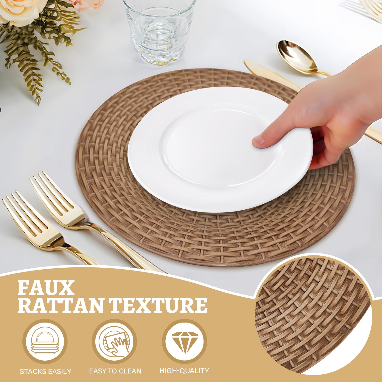 MAONAME Faux Rattan Charger Plates Set of 12, Table Chargers for Dinner Plates, 13" Round Brown Plate Chargers, Plastic Charger for Table Setting, Wedding Decor