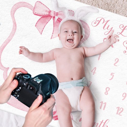 Mindsoft Trendy Pink Bow Coquette Baby Milestone Blanket Coquette Flannel Blanket Newborn Infant Swaddle Growth Baby Frame for Boys Girls Nursery (Bow, Pink)