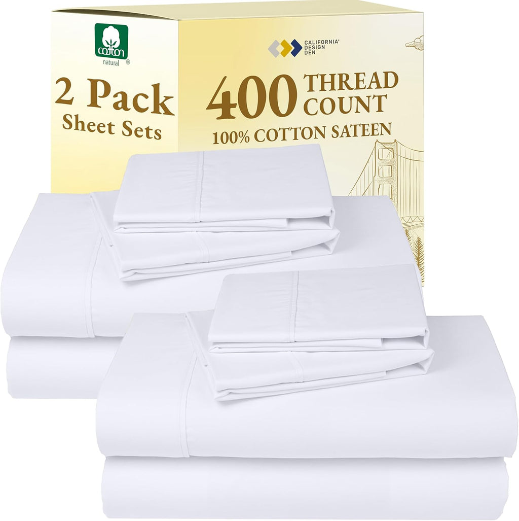 California Design Den Full Size Sheet Sets - 400 Thread Count 100% Cotton Sateen | Soft, Breathable, Deep Pocket - Bright White (2-Pack)