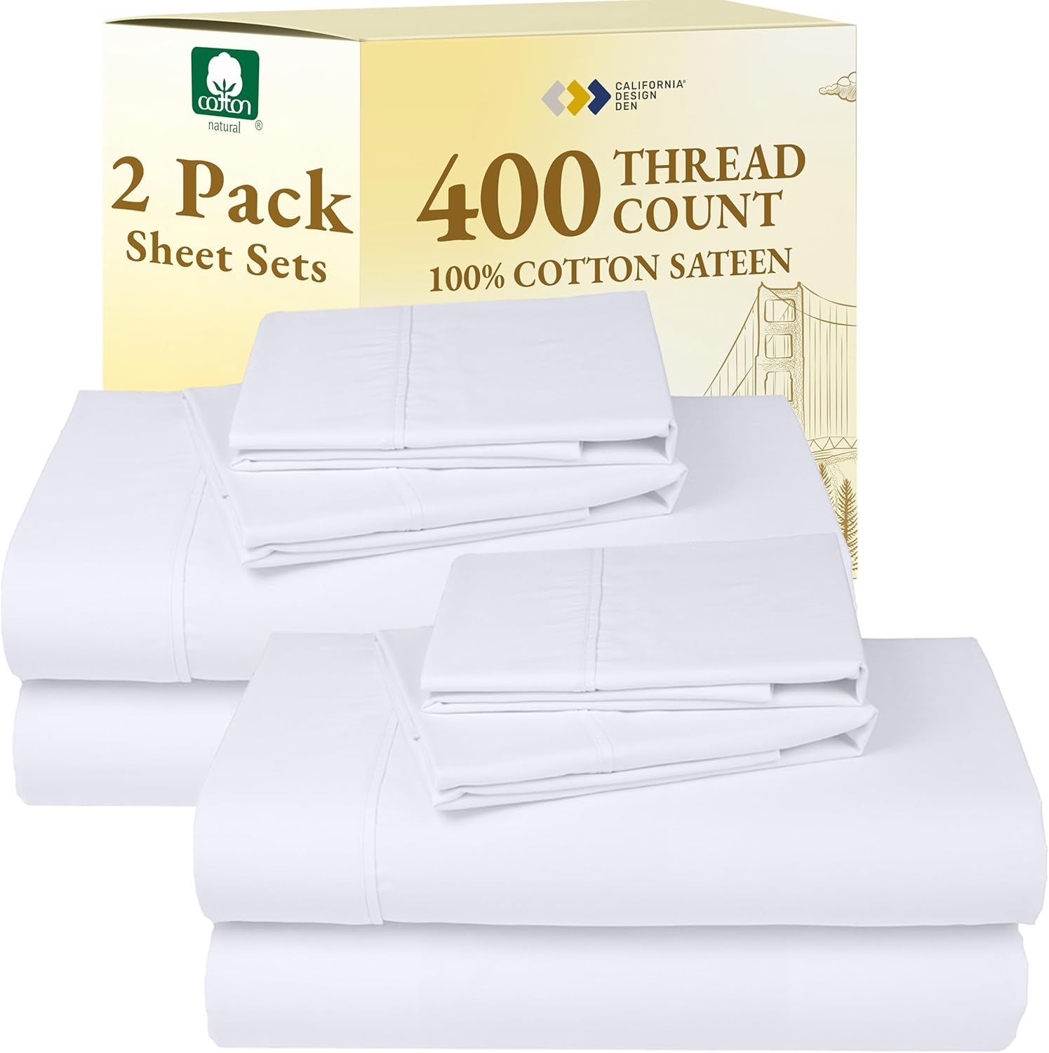 California Design Den Full Size Sheet Sets - 400 Thread Count 100% Cotton Sateen | Soft, Breathable, Deep Pocket - Bright White (2-Pack)