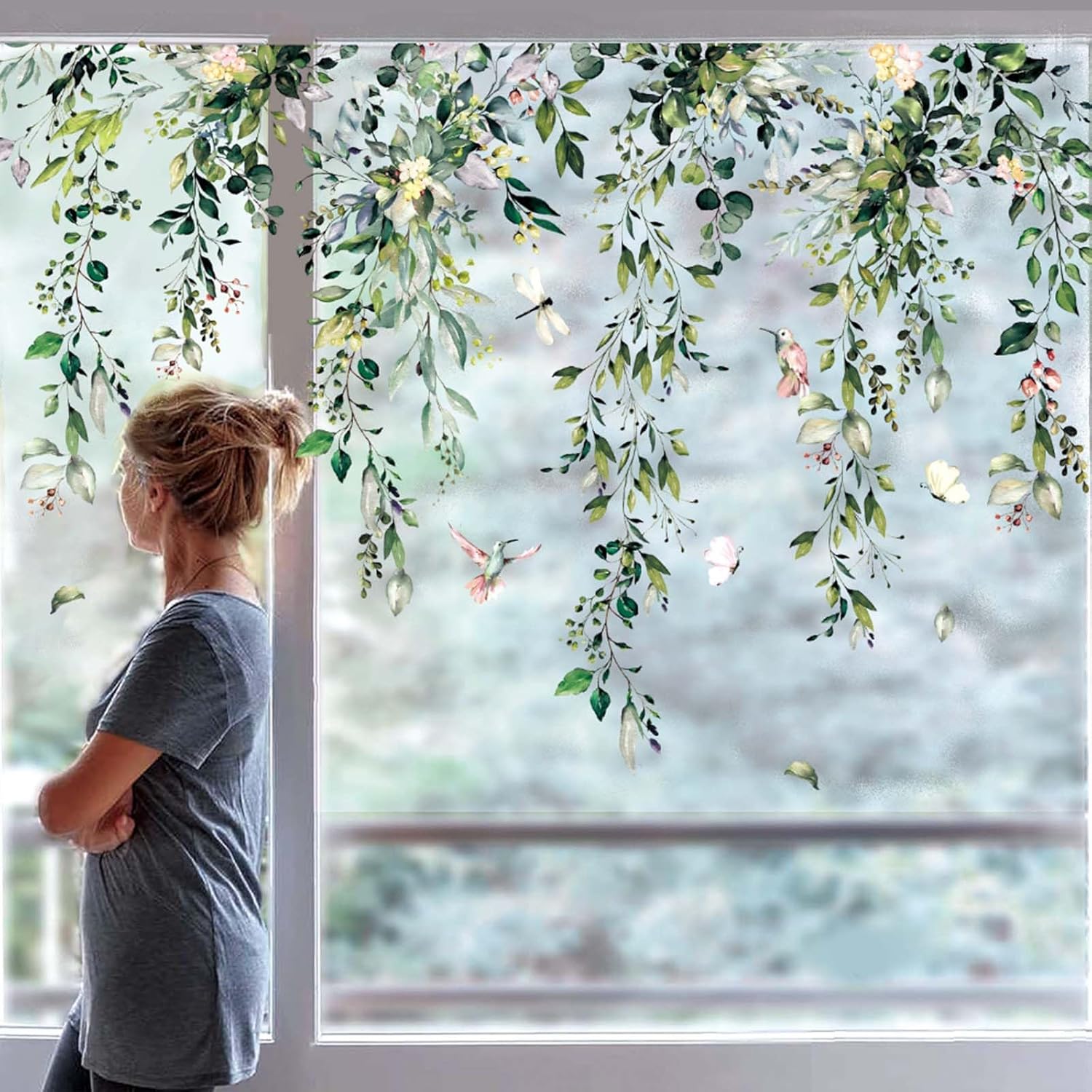 Whaline Window Cling Stickers - Reusable Eucalyptus Floral Decals for Home Decor | 9 Sheets