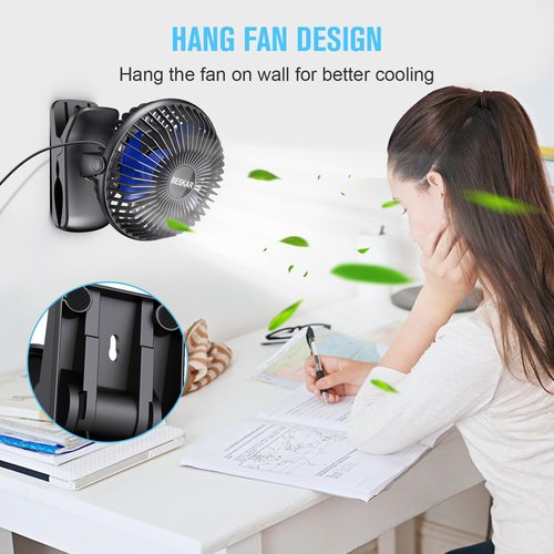 BESKAR Portable USB Clip-On Fan - 3 Speed Strong Airflow | Quiet Personal Desk Fan with Sturdy Clamp