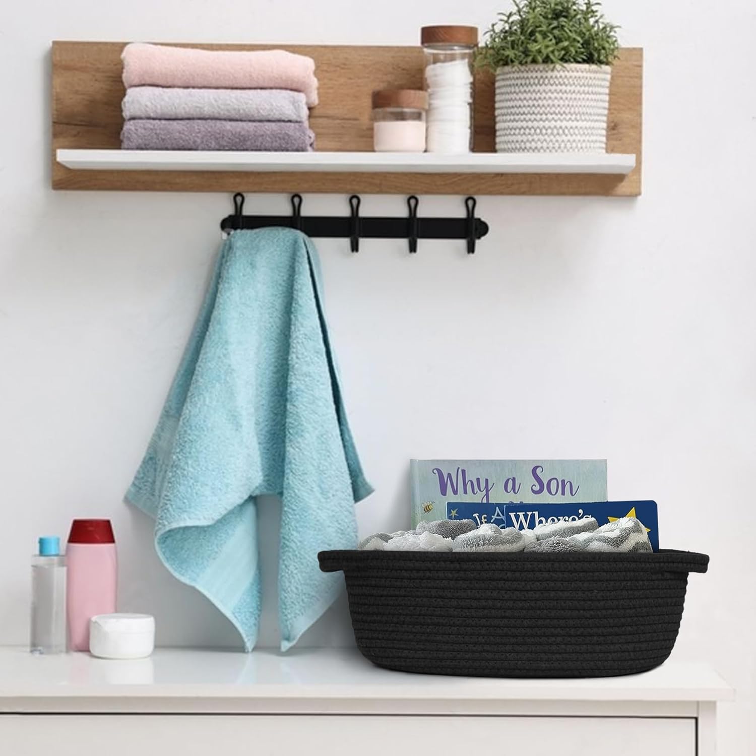 MEGASKET Black Woven Basket - Soft Cotton Rope Dog Toy Storage | 13” x 9” x 5” Decorative Organizer