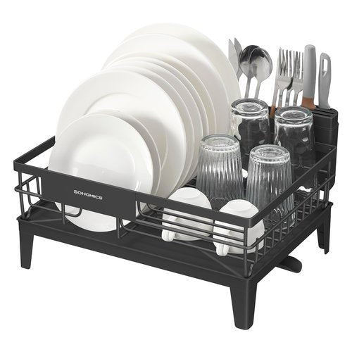 SONGMICS Dish Drying Rack, Kitchen Dish Rack, with Drainboard, 360° Rotatable and Extendable Spout, with Cutlery Holder, 12.2 x 16.5 x 7.3 Inches, Ink Black UKCS550B01