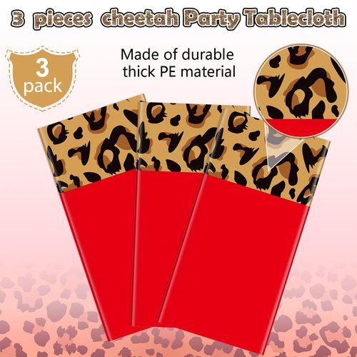 3 Pack Leopard Print Party Tablecloth Decorations, Safari Animal Cheetah Plastic Table Cloth Red Leopard Runner Disposable Rectangle Table Cover for Baby Shower Birthday Party Supplies, 54x108 Inch