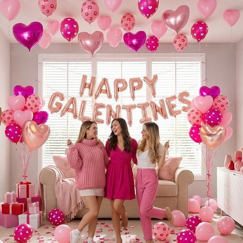 Happy Galentines Day Decorations Kit, Rose Gold Happy Galentines Banner with Heart, XOXO, Lips Foil Balloons, Rose Petals for Galentine’s, Valentines Decorations Party