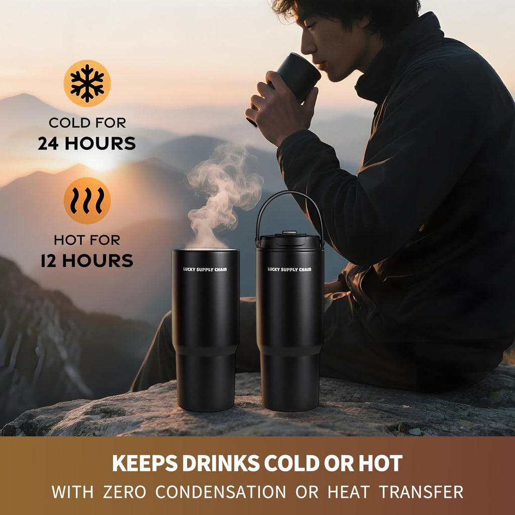 Skiennix Stainless Steel Water Bottle - 24 Oz Vacuum Insulated Tumbler with Straw | Keeps Drinks Cold for 12 Hrs (Black)