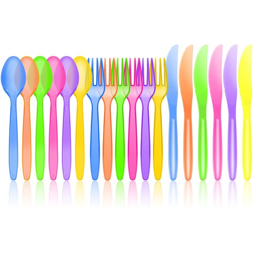JOYIN 288 PCs Plastic Cutlery Hard Utensils for Brithday, Wedding Celebrations, Anniversary Party Favors, Fiesta Party Supplies, Luau Party, Carnivals, 6 Bright Neon Colors