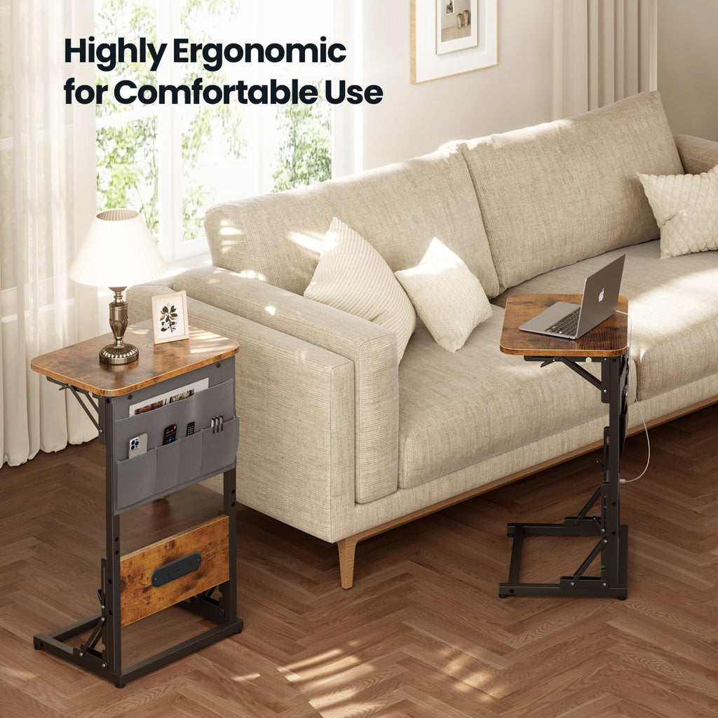 HLDIRECT C Shaped End Table with Charging Station, Couch Side Table with Storage Bag, Foldable TV Tray with 2 USB Ports and Outlets for Living Room, Bedroom, Rustic Brown