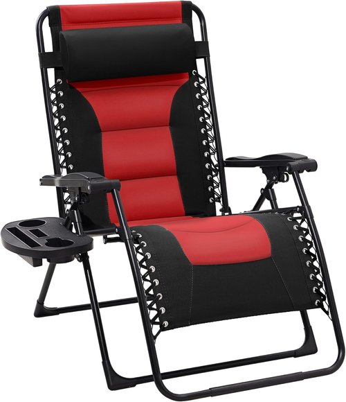 JEAREY Oversized Padded Zero Gravity Chair - Comfortable Folding Lounge Recliner with Headrest & Cup Holder | Black/Red