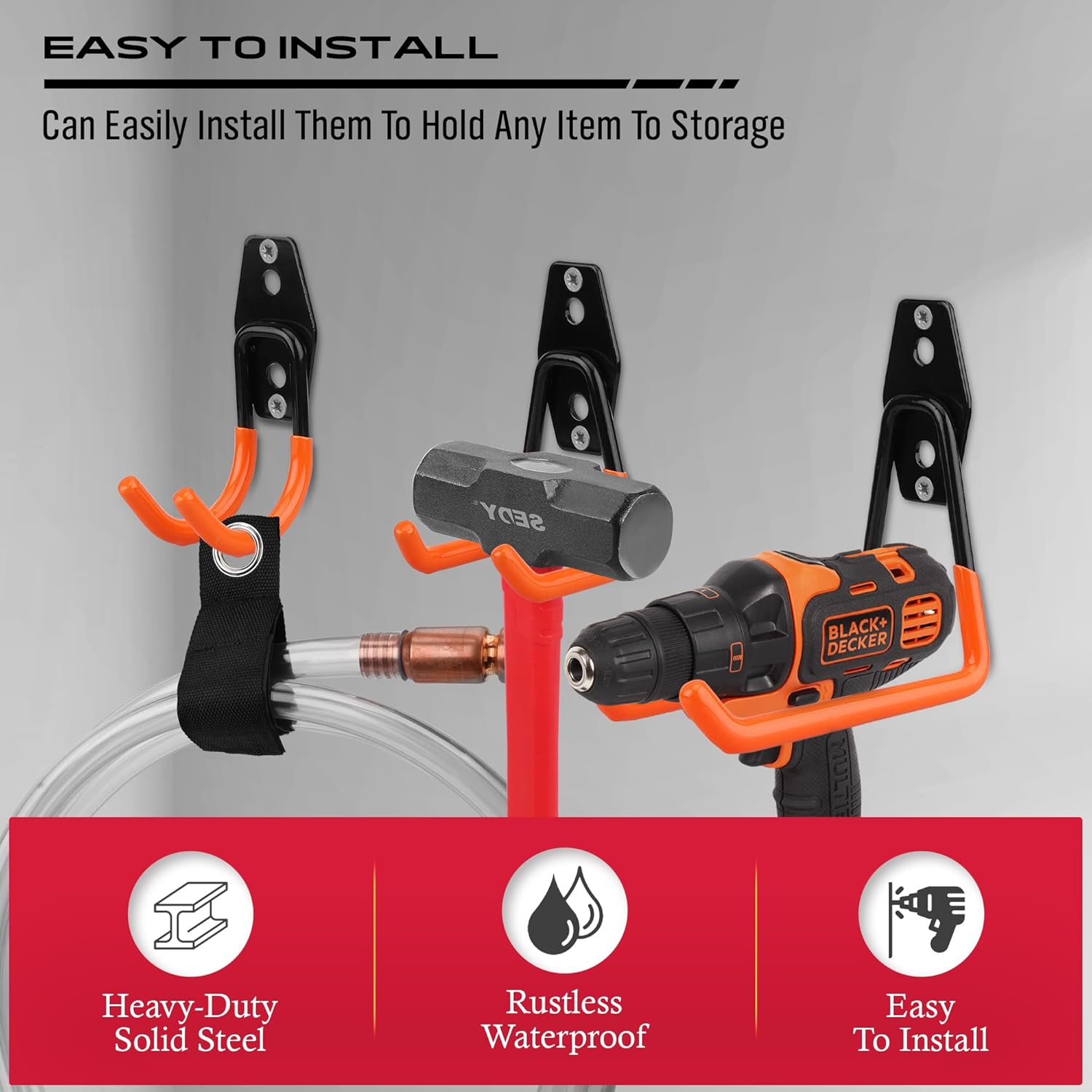Skiennix Heavy-Duty Garage Tool Storage Wall Hook Set - 15PCS Organizer for Garden Tools, Bikes & Ladders | Orange
