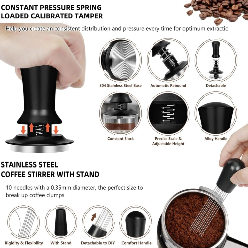 Midochin 10PCS Espresso Accessories Kit - 51mm Coffee Tamper Set, Wood espresso tamping station,Frothing Pitcher, WDT Tool, puck screen, spoon, Latte Art Pen, brush,puck screen, and coffee distributor