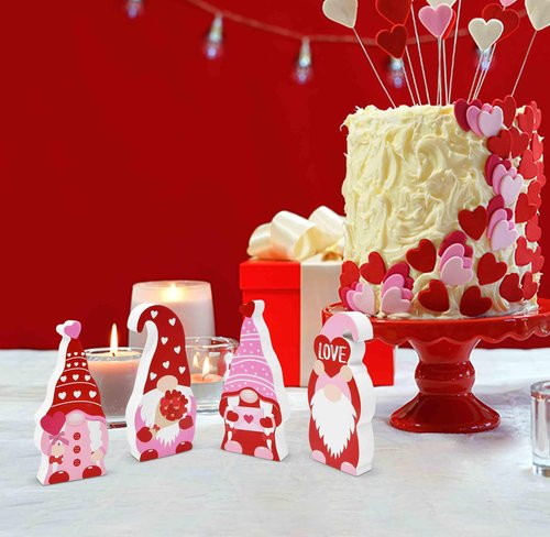 Gift Boutique Valentines Day Decor Gnome Table Sign, 4 Pcs Galentines Day Red and Pink Wooden Home Tiered Tray Decorations Valentine Gifts