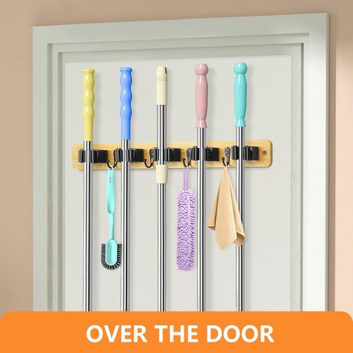 IMILLET Broom Holder Wall Mount - Bamboo Mop Organizer with 5 Racks & 4 Hooks | Home Storage Solution