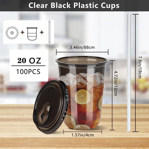 MOQRUAO 100 Sets Clear Plastic Cups with Lids and Straws, 20 oz Disposable PET Cups for Iced Coffee, Smoothies, Cold Drinks, Juice, Party, Coffee (100, Black (20 oz))