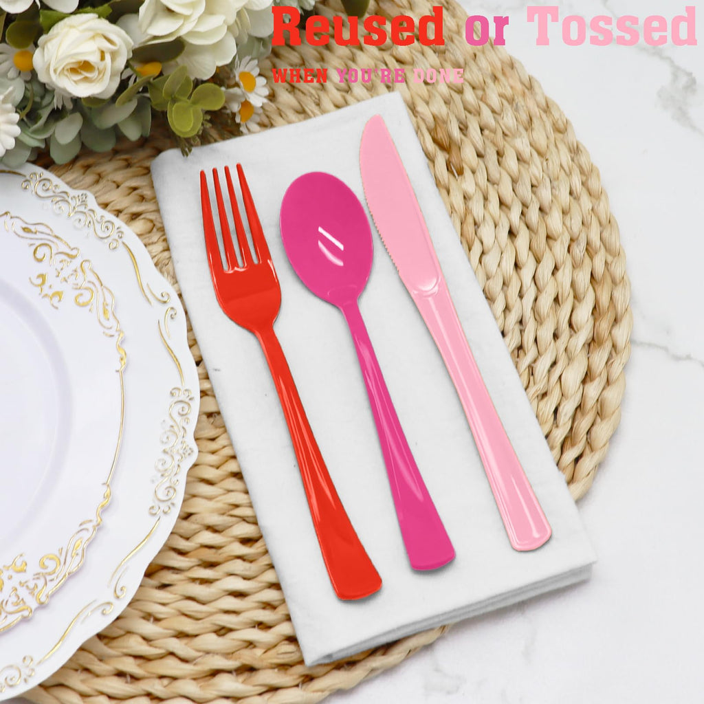153 Pcs Valentine's Day Plastic Silverware Heavy Duty Disposable Tableware Sets Includes Spoons Forks Knives for Valentine's Day Party Decorations (Pink, Hot Pink, Red)