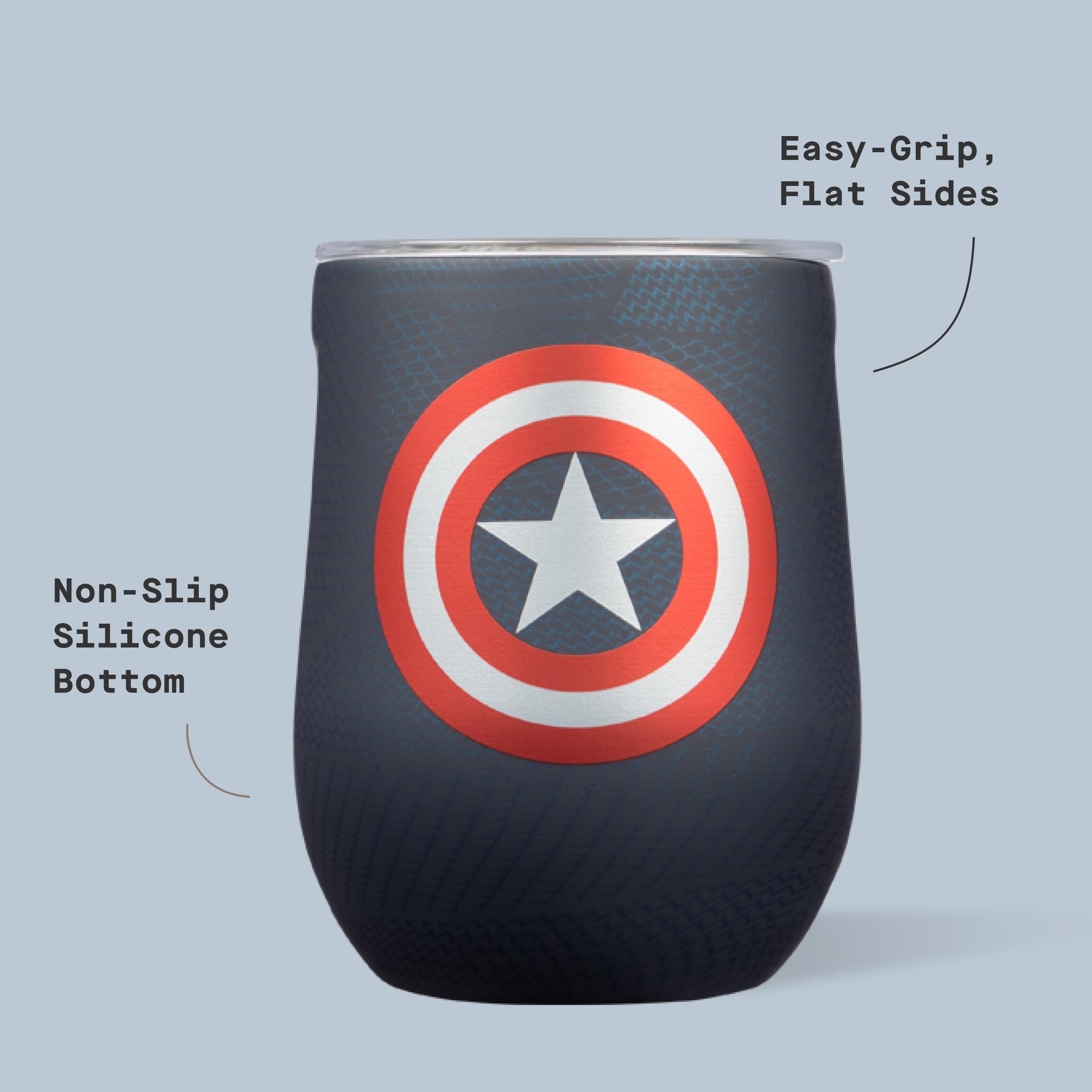 Corkcicle Stemless Insulated Wine Glass Tumbler - Keeps Beverages Cold 6 Hours & Hot 3 Hours - Stainless Steel - Easy-Grip - Summer Drinkware Gift - Keeps Drinks Ice Cold - 12 oz - Captain America