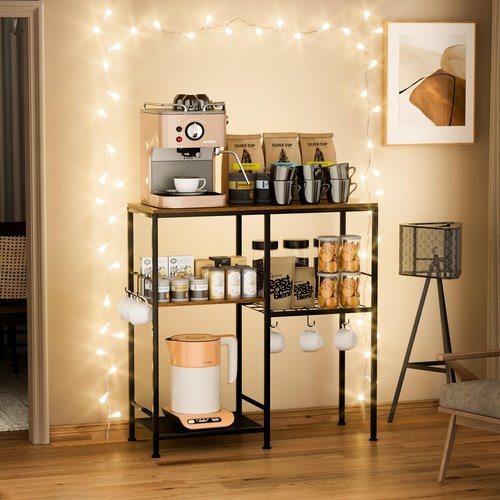 Consumest Microwave Stand, Adjustable Coffee Bar Cabinet, Multifunctional Pan Organizer with 6 Hooks and 3 Shelves, Bakers Rack for Shovel, Pots, Fruits, Vegetables, Brown&Black