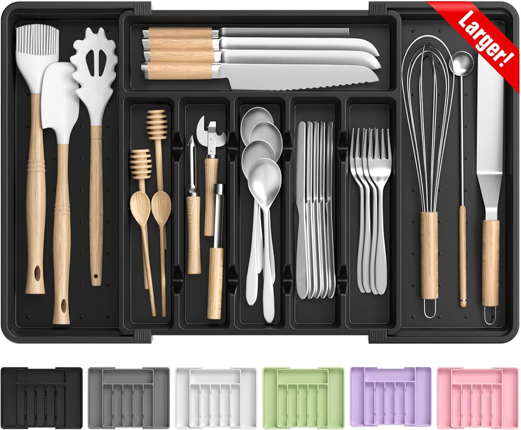 RoomHacks Large Silverware Organizer - Expandable Utensil Drawer Holder | BPA-Free, Adjustable, Black (6-8 Slots)