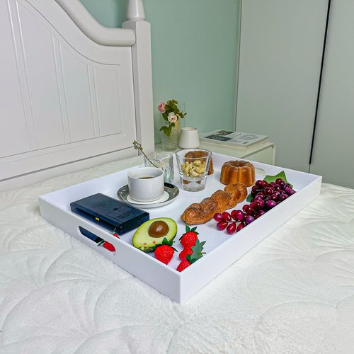 White Rectangular 16x20 Inches Acrylic Ottoman Tray Decorative Serving Tray with Cutout Handles Organizer Tray on Coffee Table Countertop Big Breakfast Bed Tray Living Room Appetizer Serving Food