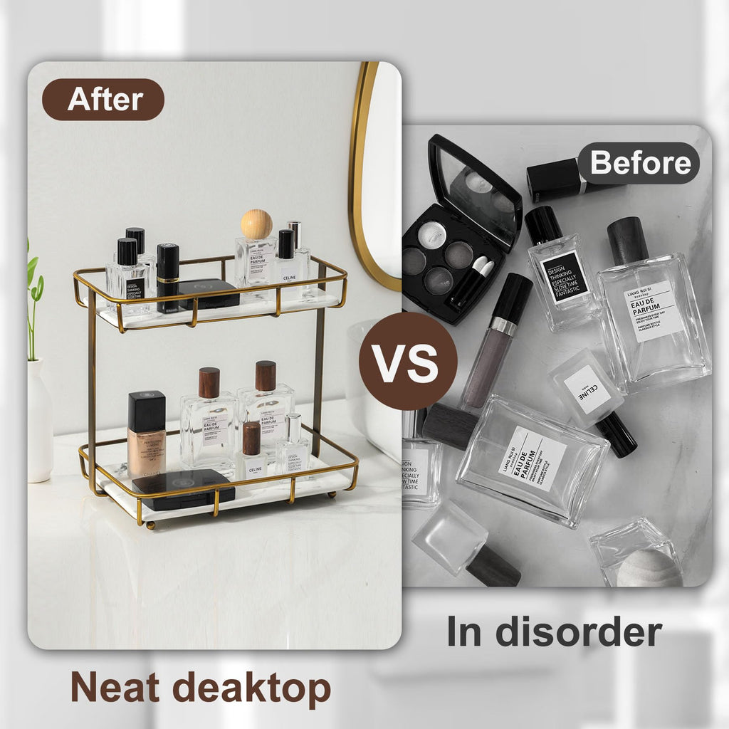Bathroom Organizer Countertop Perfume Organizer Makeup Organizer Cosmetics Storage Display Rack Vanity Tray Dresser Stainless Steel Gold Shelf White Marble Ceramic Tray