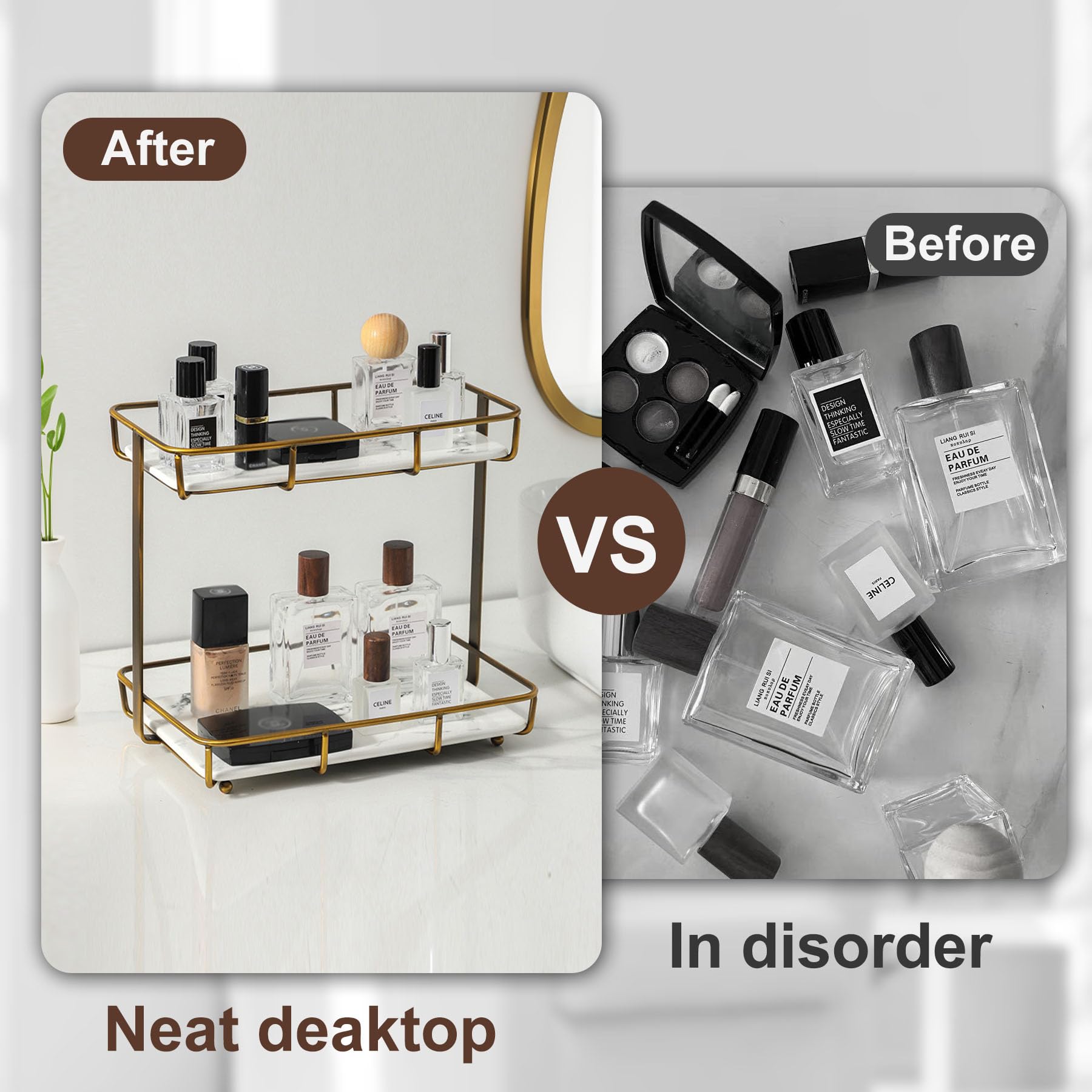 Bathroom Organizer Countertop Perfume Organizer Makeup Organizer Cosmetics Storage Display Rack Vanity Tray Dresser Stainless Steel Gold Shelf White Marble Ceramic Tray